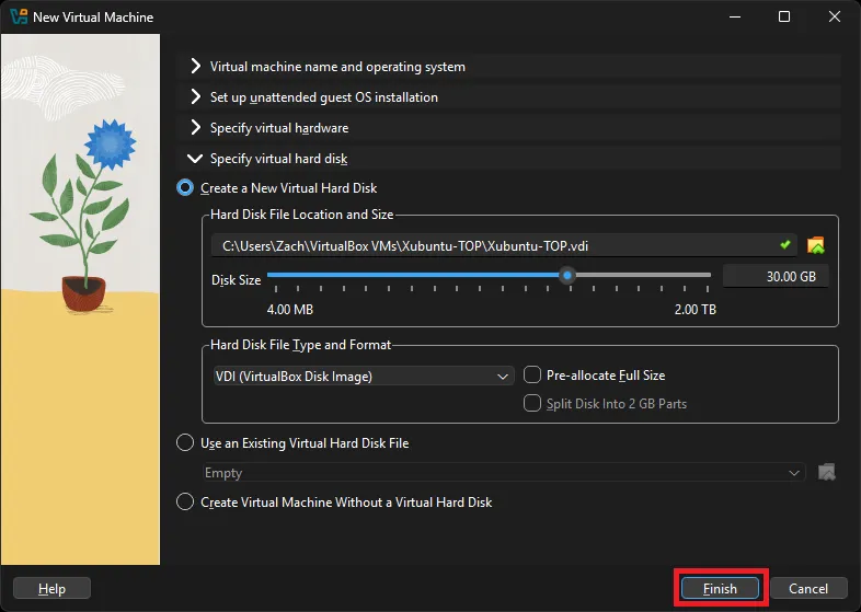 Specify virtual hard disk screen