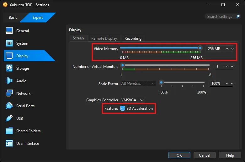 Display settings screen