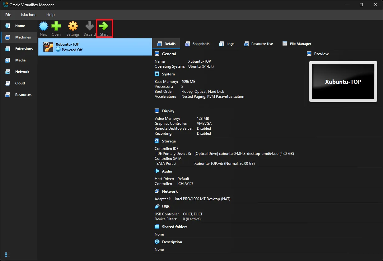 Start screen with the start button highlighted